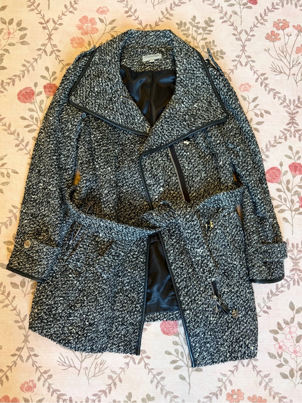 Calvin Klein Black and White Tweed Pea Coat